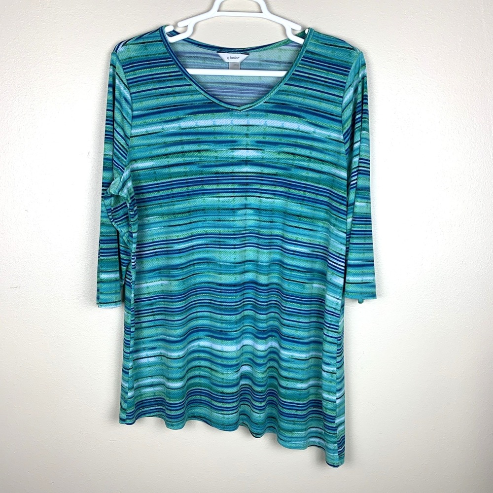 CJ Banks Tunic Top Size 1X Asymmetrical Hem Lightweight Green Stretch Stripe